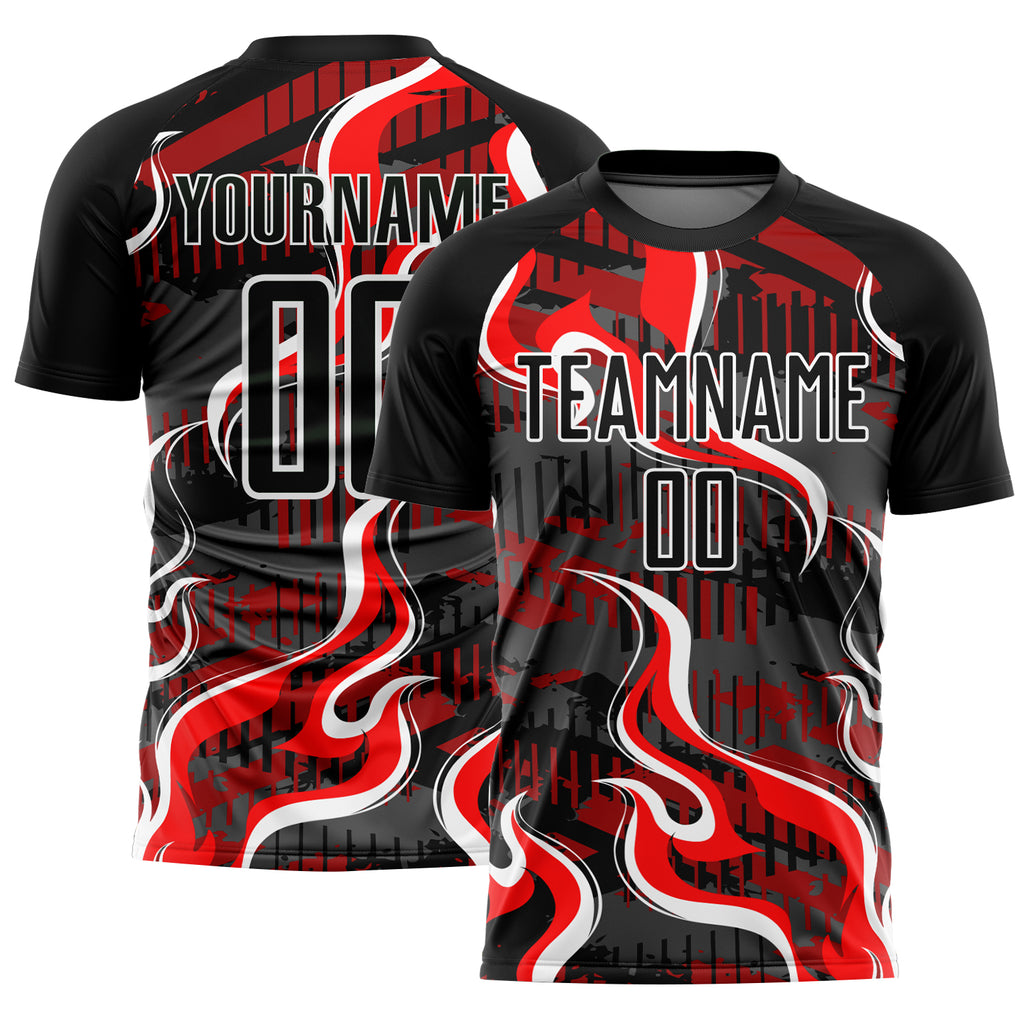 Custom Black Red-White Flame Sublimation Soccer Uniform Jersey