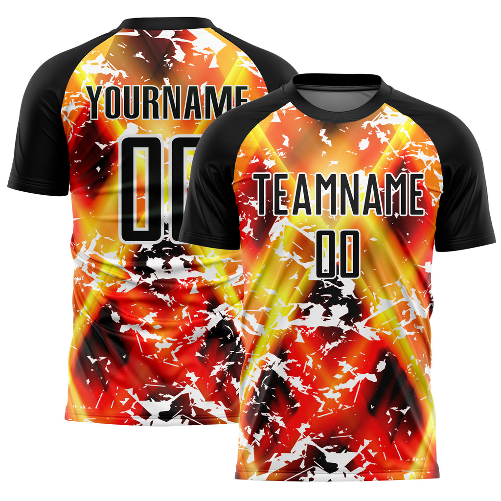 Custom Black Yellow-Red Flame Sublimation Soccer Uniform Jersey