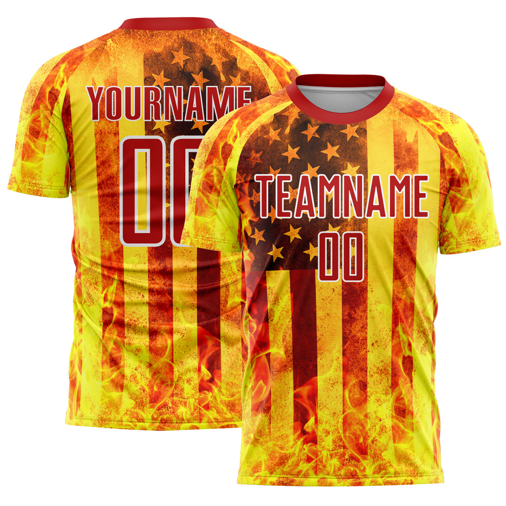 Custom Light Yellow Red-White American Flag Flame Sublimation Soccer Uniform Jersey