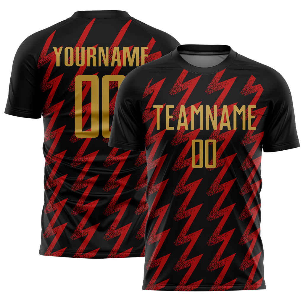 Custom Black Old Gold-Red Zigzag Shape Sublimation Soccer Uniform Jersey