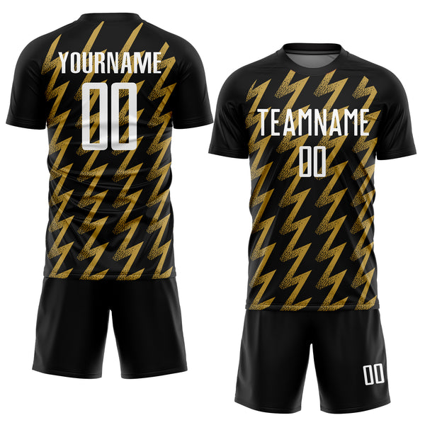 Custom Black White-Old Gold Zigzag Shape Sublimation Soccer Uniform Jersey