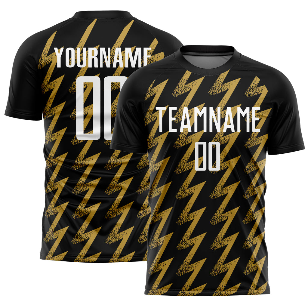 Custom Black White-Old Gold Zigzag Shape Sublimation Soccer Uniform Jersey