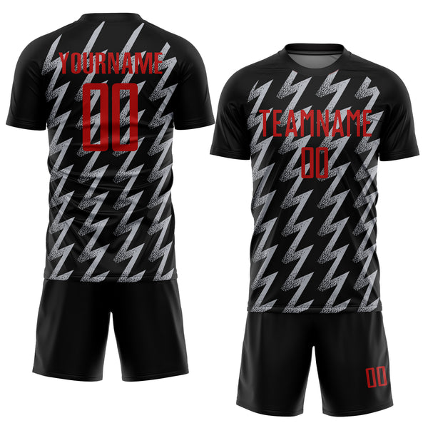 Custom Black Red-Gray Zigzag Shape Sublimation Soccer Uniform Jersey