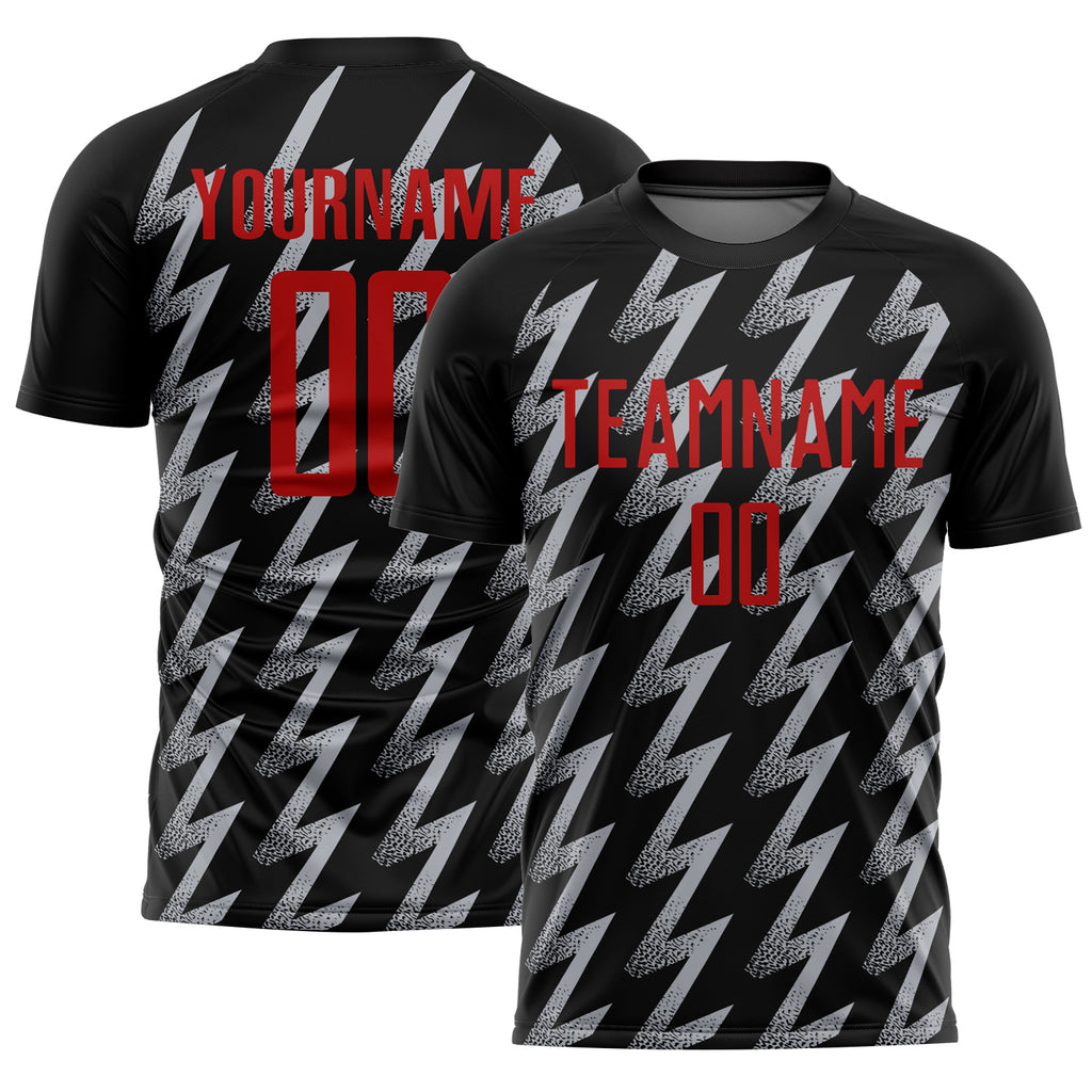 Custom Black Red-Gray Zigzag Shape Sublimation Soccer Uniform Jersey