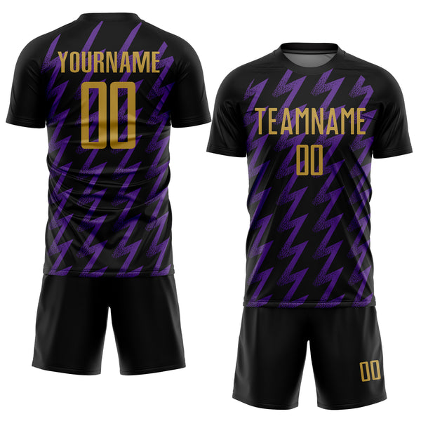 Custom Black Old Gold-Purple Zigzag Shape Sublimation Soccer Uniform Jersey