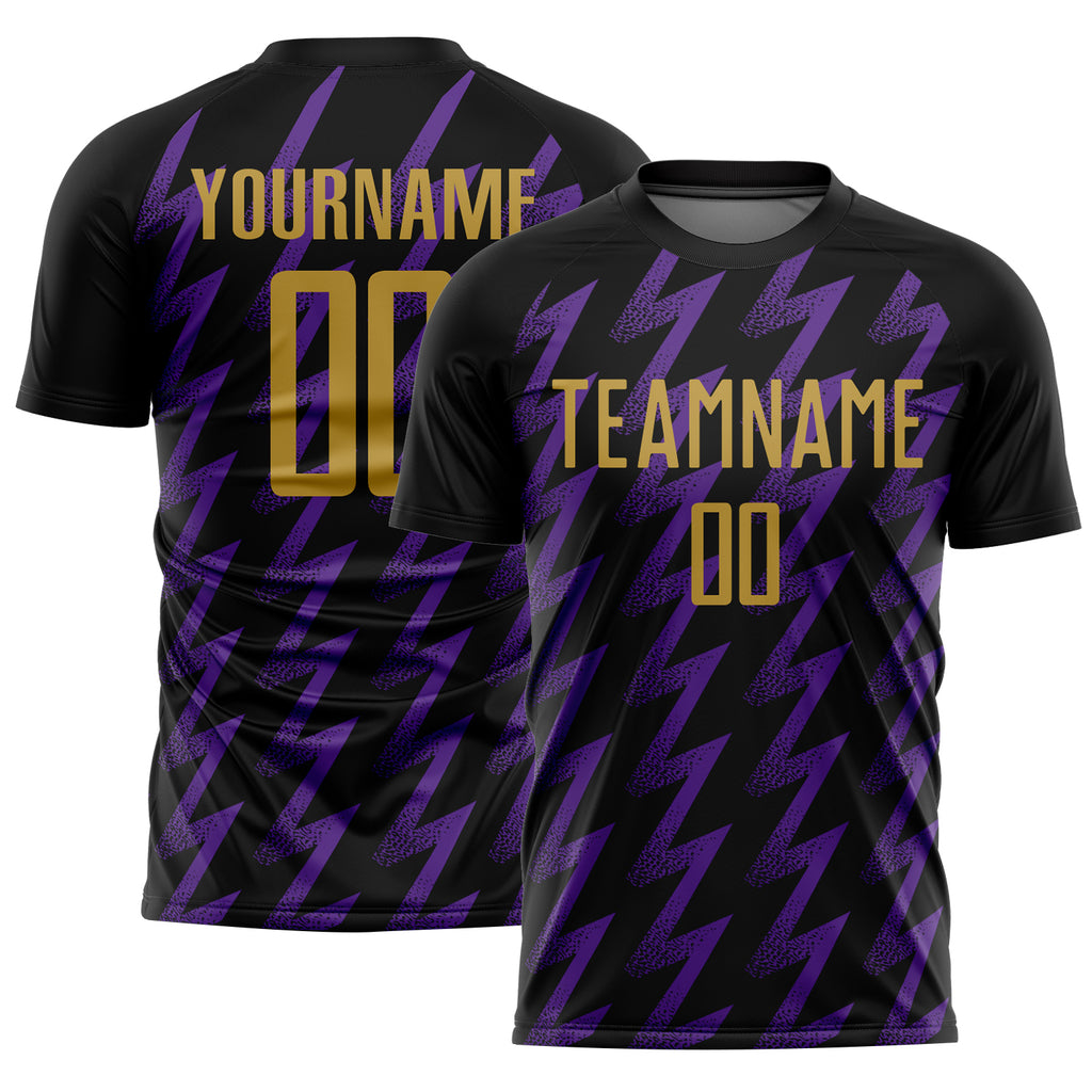 Custom Black Old Gold-Purple Zigzag Shape Sublimation Soccer Uniform Jersey