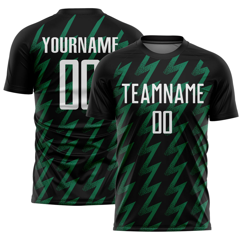 Custom Black White-Kelly Green Zigzag Shape Sublimation Soccer Uniform Jersey