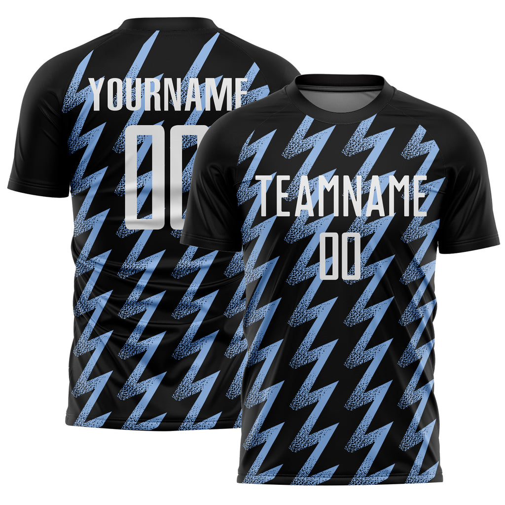 Custom Black White-Light Blue Zigzag Shape Sublimation Soccer Uniform Jersey