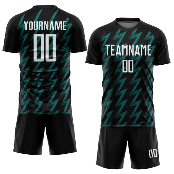 Custom Black White-Teal Zigzag Shape Sublimation Soccer Uniform Jersey