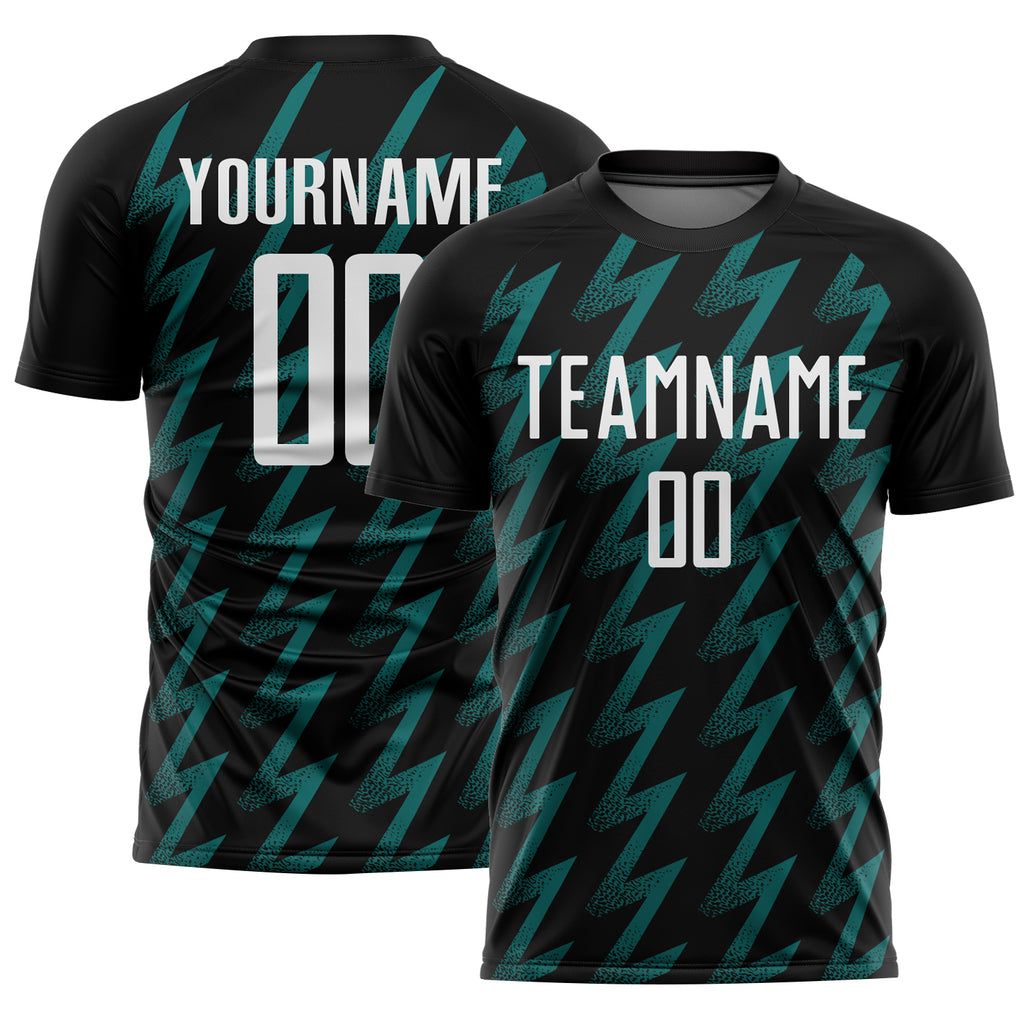 Custom Black White-Teal Zigzag Shape Sublimation Soccer Uniform Jersey