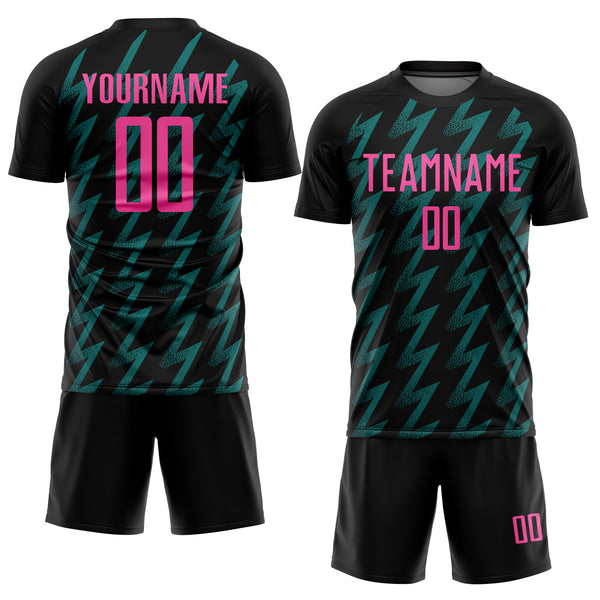 Custom Black Pink-Teal Zigzag Shape Sublimation Soccer Uniform Jersey