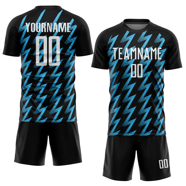 Custom Black White-Sky Blue Zigzag Shape Sublimation Soccer Uniform Jersey