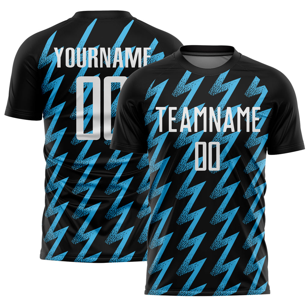 Custom Black White-Sky Blue Zigzag Shape Sublimation Soccer Uniform Jersey