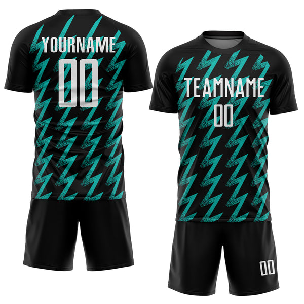 Custom Black White-Aqua Zigzag Shape Sublimation Soccer Uniform Jersey