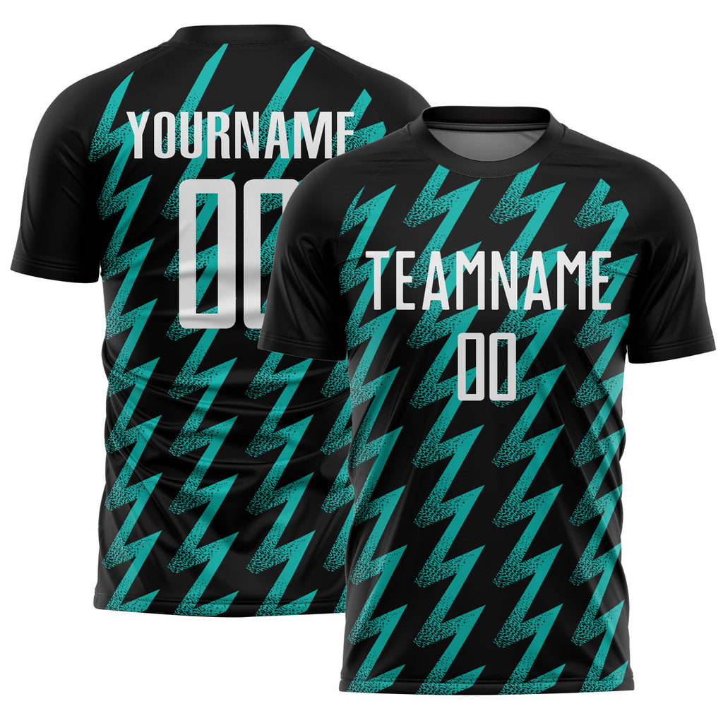 Custom Black White-Aqua Zigzag Shape Sublimation Soccer Uniform Jersey