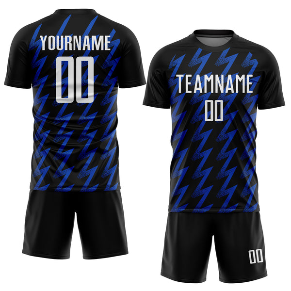 Custom Black White-Thunder Blue Zigzag Shape Sublimation Soccer Uniform Jersey