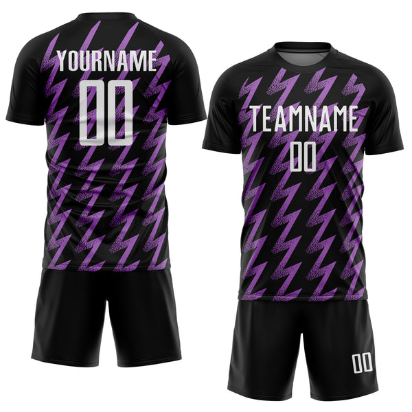 Custom Black White-Medium Purple Zigzag Shape Sublimation Soccer Uniform Jersey