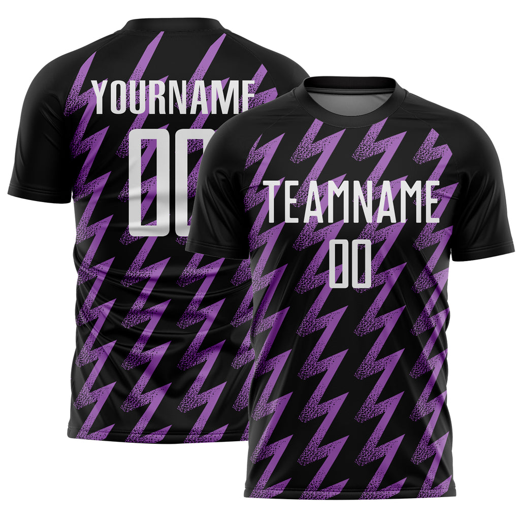 Custom Black White-Medium Purple Zigzag Shape Sublimation Soccer Uniform Jersey