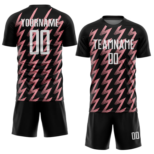 Custom Black White-Medium Pink Zigzag Shape Sublimation Soccer Uniform Jersey