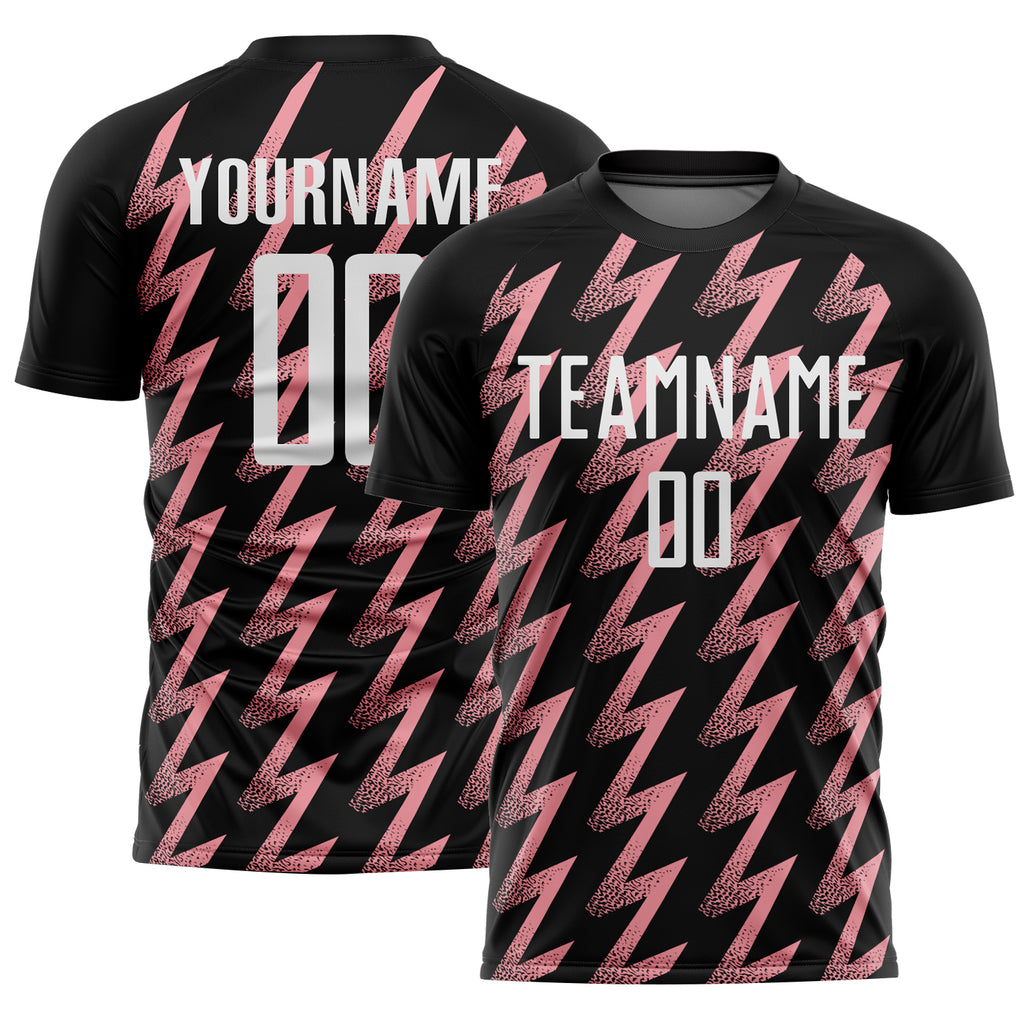 Custom Black White-Medium Pink Zigzag Shape Sublimation Soccer Uniform Jersey