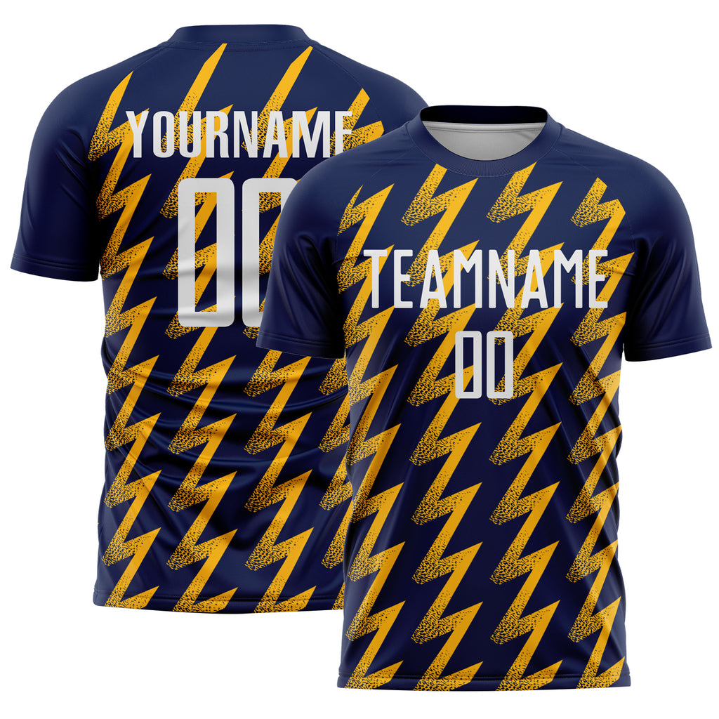 Custom Navy White-Gold Zigzag Shape Sublimation Soccer Uniform Jersey