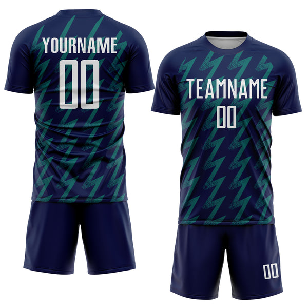 Custom Navy White-Teal Zigzag Shape Sublimation Soccer Uniform Jersey