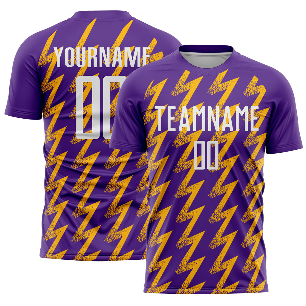 Custom Purple White-Gold Zigzag Shape Sublimation Soccer Uniform Jersey