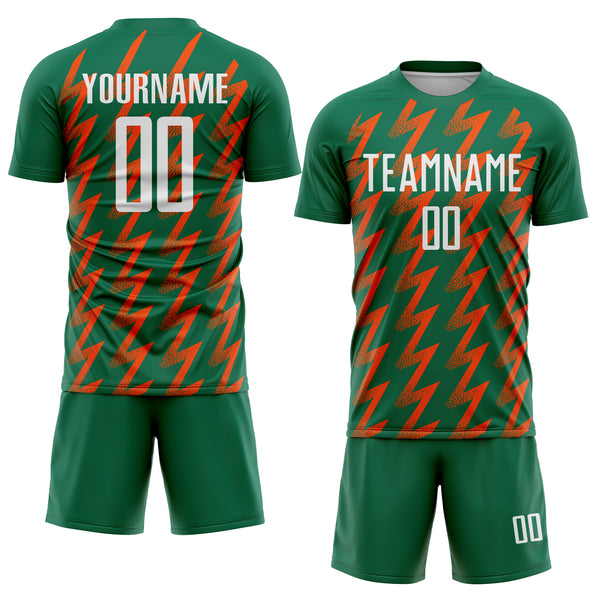 Custom Kelly Green White-Orange Zigzag Shape Sublimation Soccer Uniform Jersey