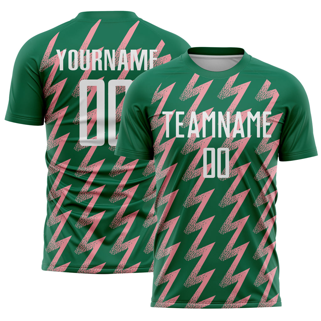 Custom Kelly Green White-Medium Pink Zigzag Shape Sublimation Soccer Uniform Jersey