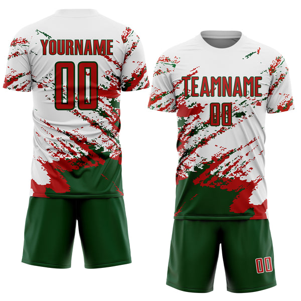 Custom White Red-Green Abstract Fragment Art Splash Sublimation Soccer Uniform Jersey