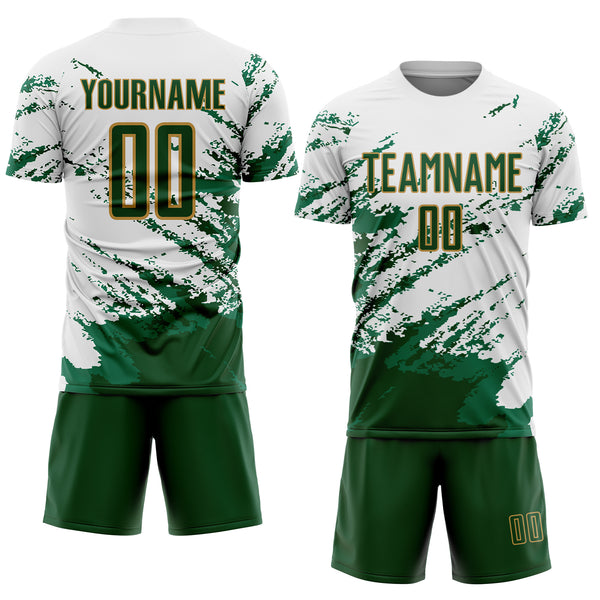 Custom White Green Kelly Green-Gold Abstract Fragment Art Splash Sublimation Soccer Uniform Jersey