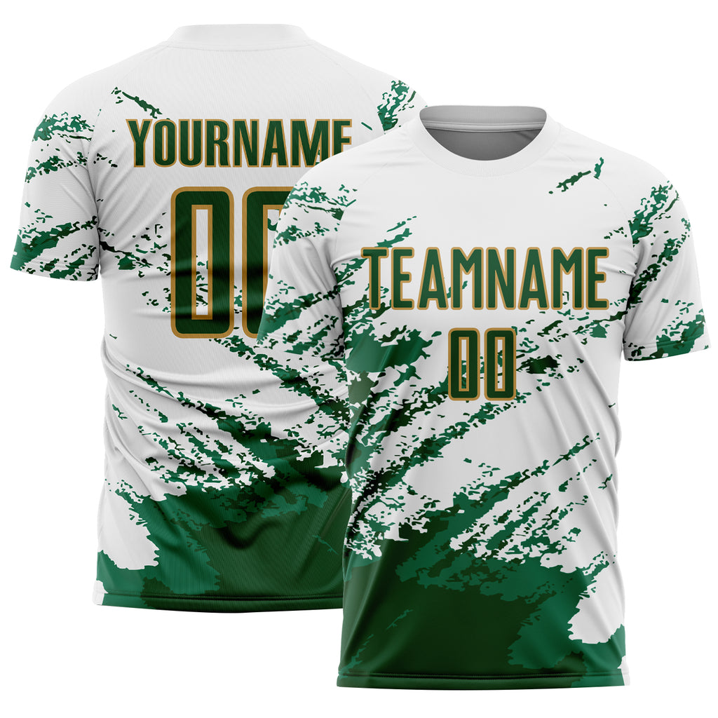 Custom White Green Kelly Green-Gold Abstract Fragment Art Splash Sublimation Soccer Uniform Jersey