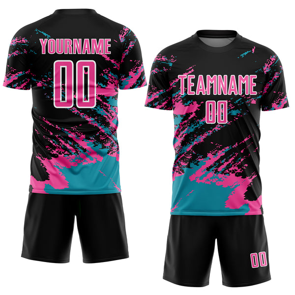 Custom Black Pink-Teal Abstract Fragment Art Splash Sublimation Soccer Uniform Jersey