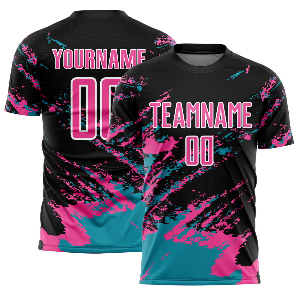 Custom Black Pink-Teal Abstract Fragment Art Splash Sublimation Soccer Uniform Jersey