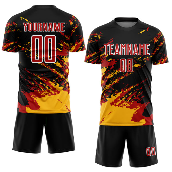 Custom Black Red-Gold Abstract Fragment Art Splash Sublimation Soccer Uniform Jersey