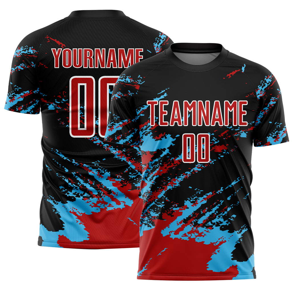 Custom Black Red-Sky Blue Abstract Fragment Art Splash Sublimation Soccer Uniform Jersey