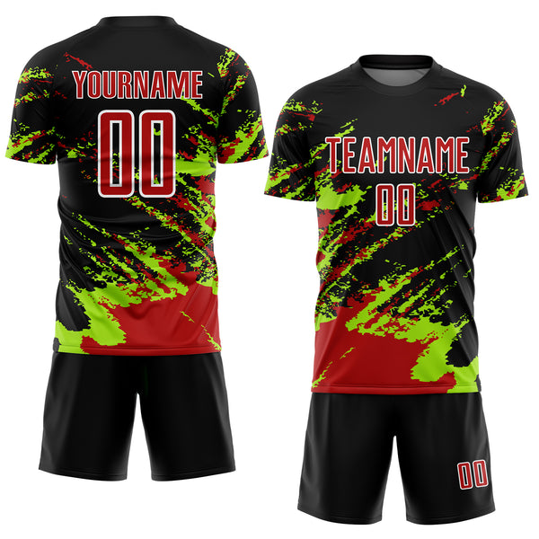 Custom Black Red-Neon Green Abstract Fragment Art Splash Sublimation Soccer Uniform Jersey