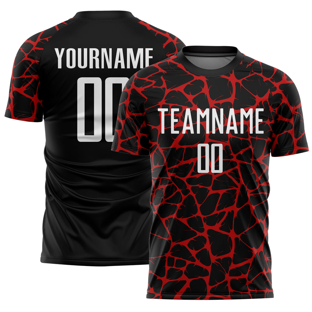 Custom Black White-Red Abstract Network Splash Sublimation Soccer Uniform Jersey