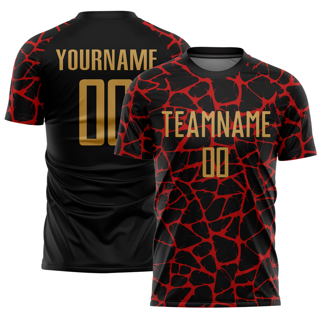 Custom Black Old Gold-Red Abstract Network Splash Sublimation Soccer Uniform Jersey