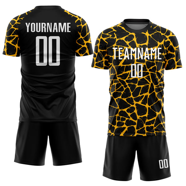 Custom Black White-Gold Abstract Network Splash Sublimation Soccer Uniform Jersey