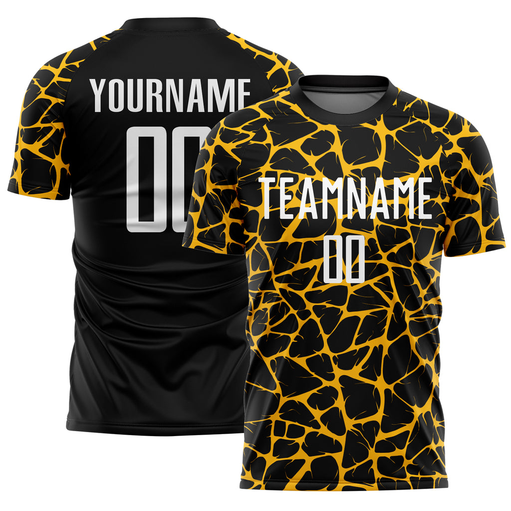 Custom Black White-Gold Abstract Network Splash Sublimation Soccer Uniform Jersey