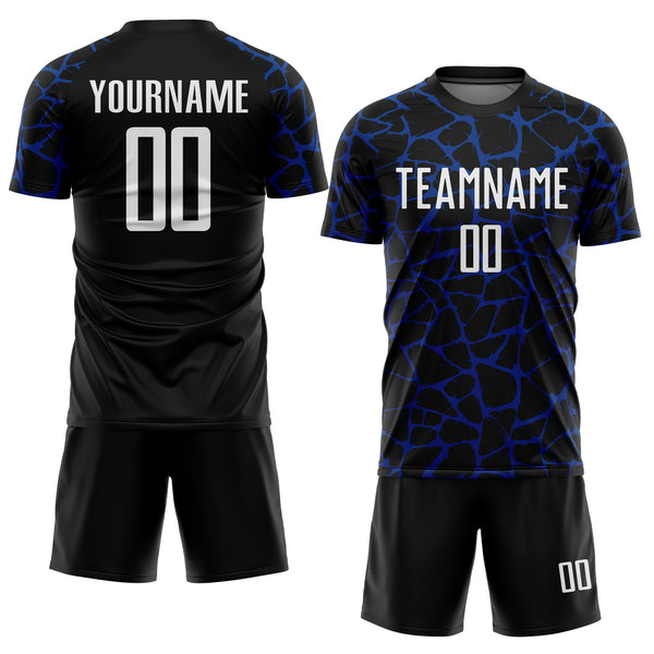 Custom Black White-Royal Abstract Network Splash Sublimation Soccer Uniform Jersey