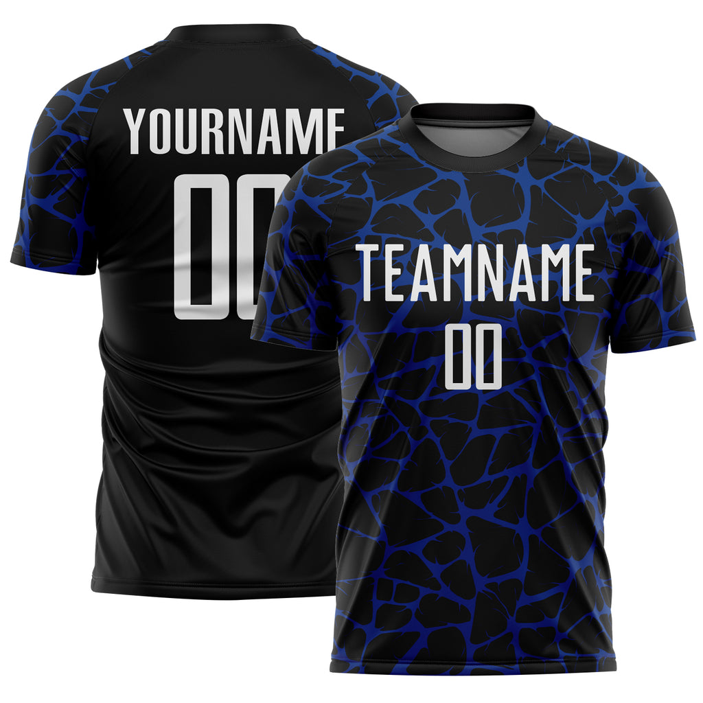 Custom Black White-Royal Abstract Network Splash Sublimation Soccer Uniform Jersey