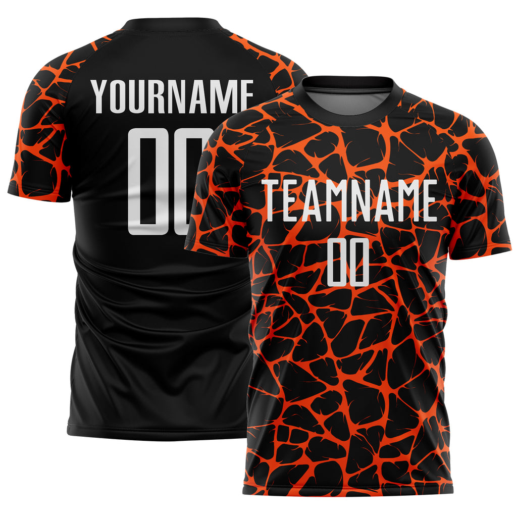 Custom Black White-Orange Abstract Network Splash Sublimation Soccer Uniform Jersey