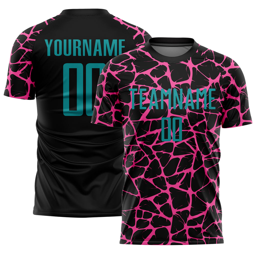 Custom Black Teal-Pink Abstract Network Splash Sublimation Soccer Uniform Jersey