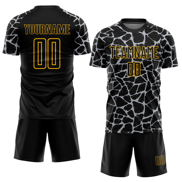 Custom Black Gray-Gold Abstract Network Splash Sublimation Soccer Uniform Jersey