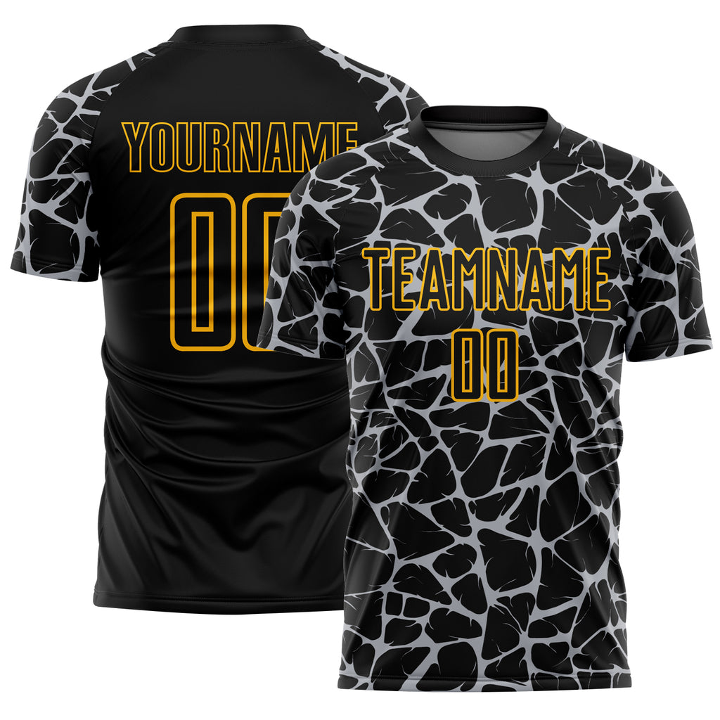 Custom Black Gray-Gold Abstract Network Splash Sublimation Soccer Uniform Jersey