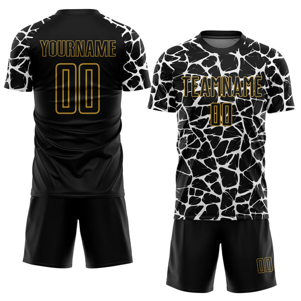 Custom Black White-Old Gold Abstract Network Splash Sublimation Soccer Uniform Jersey