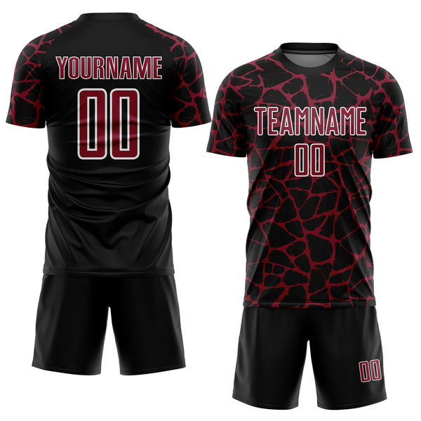 Custom Black Crimson-White Abstract Network Splash Sublimation Soccer Uniform Jersey