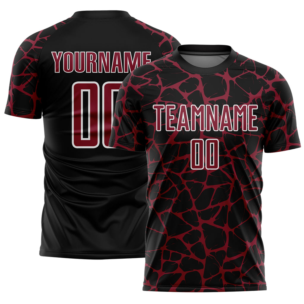 Custom Black Crimson-White Abstract Network Splash Sublimation Soccer Uniform Jersey